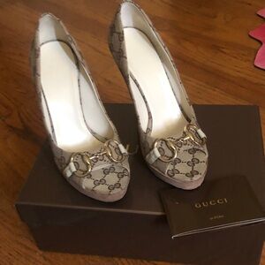 Gucci Brown GG Canvas Horsebit Pumps with Gold Hardware